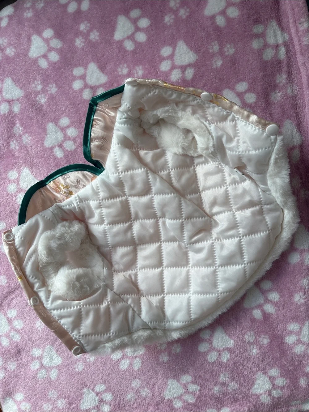 New year Embellished Satin & Faux Fur Pet Hooded Coat - Pink Multicolor